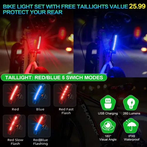 Miniatura 5 de 2026 Upgrade 6800Lumen Bike Light for Night Riding,Super Bright 6 LED Headlight,Aluminum 10 Mode Rechargeable Bicycle Light Front and Verde