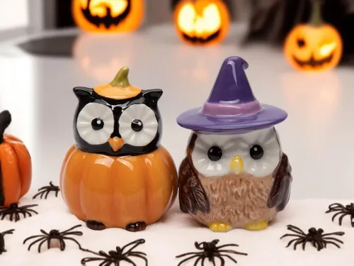 Miniatura 7 de Juego de salero y pimentero de cerámica fina para Halloween, búho bruja y calabaza, 2-7/8 pulgadas de alto