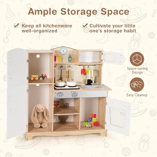 Miniatura 4 de HONEY JOY Juego de cocina para niños, cocina de madera para niños pequeños, microondas, grifo, estufa con luces, pizarra, armario de almacenamiento