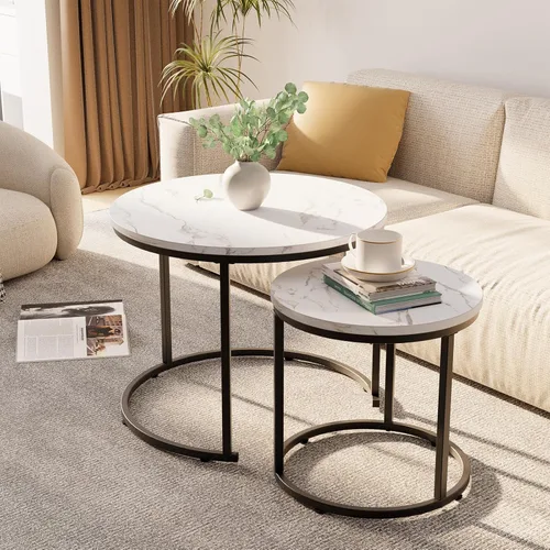 Miniatura 4 de aboxoo Juego de 2 mesas de centro redondas anidadas, mesa auxiliar para sala de estar, dormitorio, balcón, mesa de acento de madera con marco