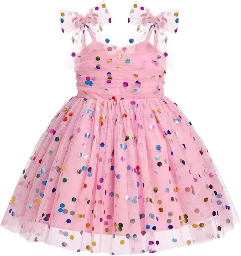 Miniatura 21 de IMEKIS Vestido de princesa de cumpleaños para niña pequeña, confeti brillante, bohemio, arcoíris, cake smash, sesión de fotos, conjunto para 1-6T