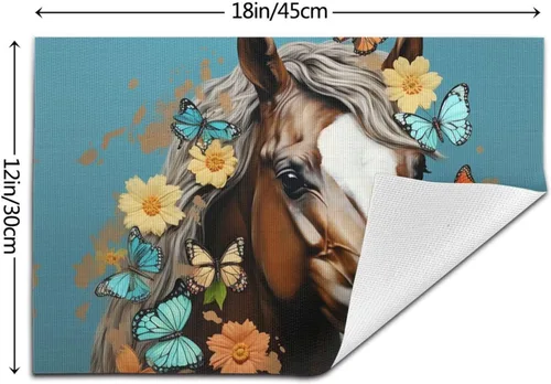 Miniatura 2 de 6 PCS PVC Placemats Set Place Mats A Horse with Flowers and Butterflies Non-Slip Weave Place Mats 12" x 18" Farmhouse Durable Table Mat Set for