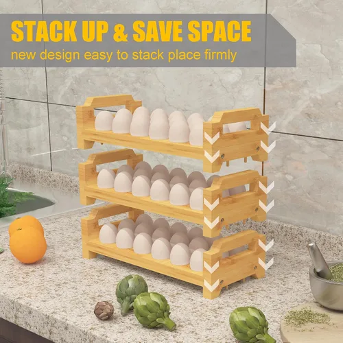 Miniatura 3 de Soporte para huevos de bambú, diseño apilable para huevos frescos, estante de almacenamiento de bandeja de huevos de granja, organizador de encimera