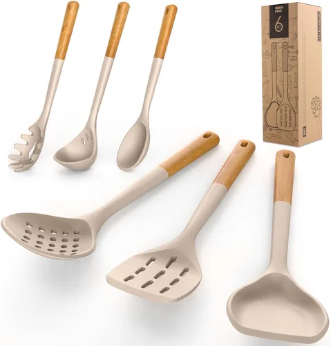 Miniatura 6 de Juego de utensilios de cocina de silicona grandes – Utensilios de cocina de silicona resistentes al calor para cocinar con asas de madera, juego