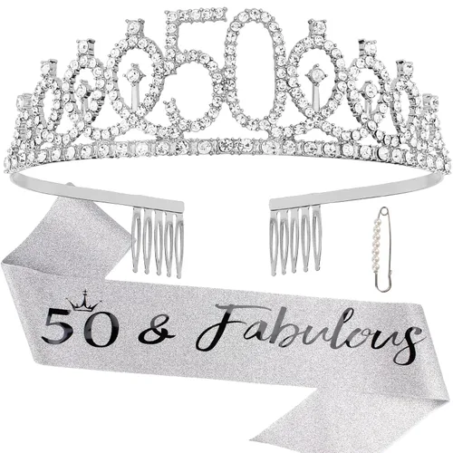 Kit de tiara y banda de cumpleaños "50 & Fabulous", regalos de cumpleaños 50 para mujeres, decoraciones de fiesta de cumpleaños 50 (plateado)