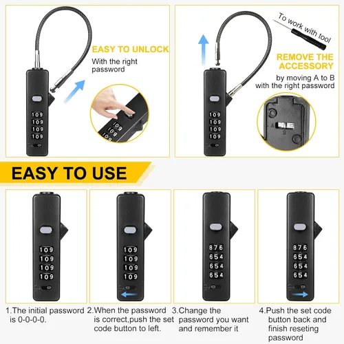 Miniatura 6 de DELSWIN Cerraduras de cable con combinación, cerradura de puerta de 4 dígitos con 3 cuerdas de acero (9 pulgadas/23.6 pulgadas/47.2 pulgadas), Negro