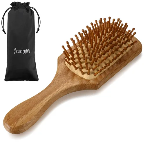 Miniatura 8 de JewelryWe Cepillo de masaje de bambú natural antiestático ovalado con mango largo para el cabello, cojín de aire, cuidado del cabello, cepillo