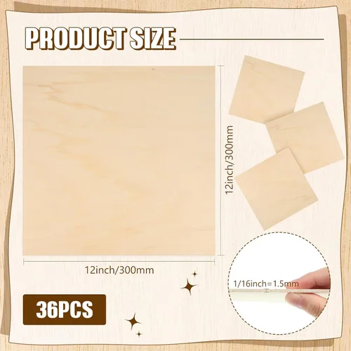 Miniatura 2 de Paquete de 36 hojas de madera contrachapada de tilo de 1/8 pulgadas, tableros de madera sin terminar para manualidades para proyectos láser