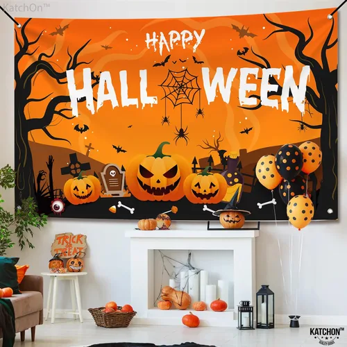 Miniatura 4 de KatchOn Pancarta extragrande de Feliz Halloween, 72 x 44 pulgadas, telón de fondo espeluznante, decoraciones de fiesta naranja y negro, pancarta