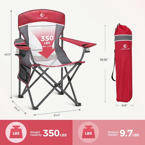Miniatura 2 de LET'S CAMP Silla de campamento con respaldo de malla, portátil, plegable, resistente, soporte para exteriores, 330 libras, silla de brazo grande Rojo