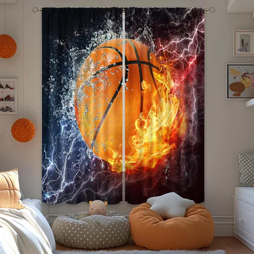 Miniatura 3 de Cortinas deportivas para niños de 29 pulgadas de ancho x 63 pulgadas de largo, bolsillo para barra, diseño abstracto de llamas, básquetbol