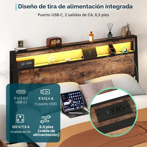 Miniatura 4 de SADENICEL Base de cama de tamaño matrimonial con almacenamiento, plataforma de cama de madera LED con cabecero, 4 cajones, estación de carga,