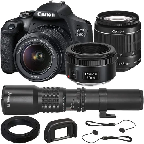 Canon EOS 2000D (T7) EF-S 0.709-2.165 in III Kit con lente Canon EF 1.969 in f/1.8 STM y paquete de accesorios. Incluye: lente preestablecida de