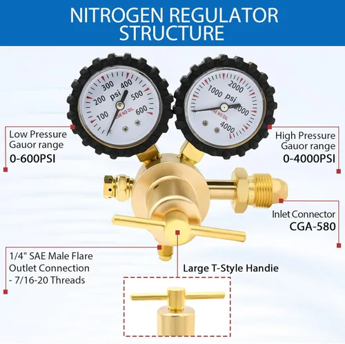 Miniatura 5 de Regulador de Nitrógeno 0-600PSI CGA580 Entrada, Conexión de Salida de Llama Macho de 1/4 Pulgada, Manija de Servicio Pesado, Válvula de Alivio