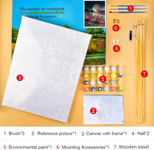 Miniatura 6 de Kit de pintura por números de playa con rocas para adultos, Moonbend DIY Kit de pintura al óleo, lienzo nocturno, pigmento acrílico, pintura