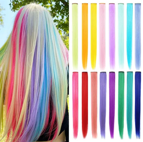 Miniatura 14 de 16 extensiones de cabello de colores con clip para fiestas, 21 pulgadas, lacio, sintético, extensiones de cabello azul claro para niñas y mujeres