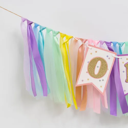 Miniatura 7 de Cartel para silla de alta color arcoíris pastel – Cartel de primer cumpleaños para silla de bebé, guirnalda de cinta de arcoíris pastel, Banner