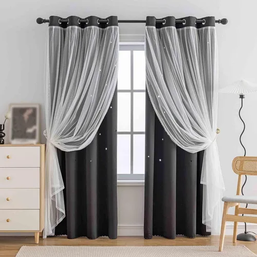 Miniatura 15 de Anytime - Cortinas románticas para niños, cortina de ventana con estrellas recortadas, cortinas opacas de doble capa para dormitorio de niñas, Azul