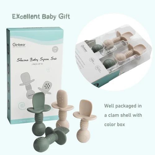 Miniatura 8 de Ginbear Cucharas de silicona platino para bebé, alimentación autónoma de 6 meses, primera etapa, utensilios de destete LED no tóxicos