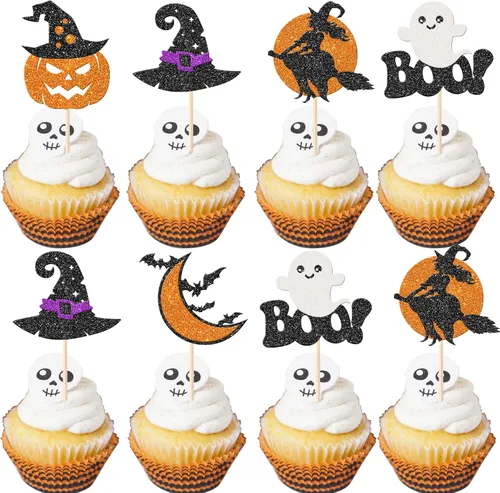 Miniatura 13 de Rsstarxi Paquete de 24 adornos para cupcakes Little Boo con purpurina, bruja, gato, calabaza, castillo, fantasma, magdalenas, alimentos, decoración