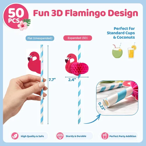 Miniatura 2 de HANSGO 50 popotes de flamenco, pajitas de papel de flamenco para decoración de mesa de Luau tropical, suministros de fiesta de piscina, decoración