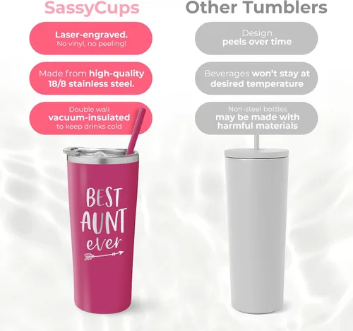 Miniatura 6 de Vaso personalizado de acero inoxidable con la frase "Best Aunt Ever", taza aislada con bonito diseño, tapa de cierre deslizante con pajilla