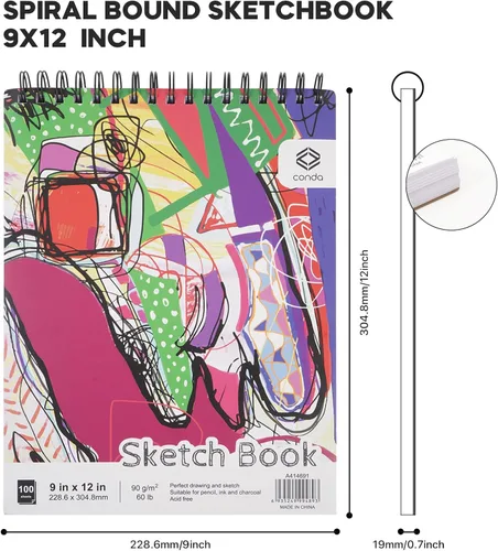 Miniatura 4 de CONDA Cuaderno de bocetos de 9 x 12 pulgadas, bloc de bocetos con espiral superior, 100 hojas (60 lb/90 GSM), papel de bocetos duradero libre