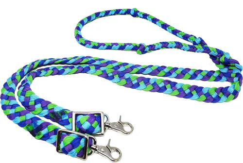 Miniatura 2 de CHALLENGER Pro Rider Hand Braided Multicolored Nylon Horse Barrel Reins w/Snaps 607152