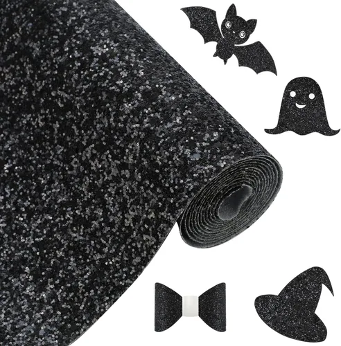 Miniatura 18 de Rollo de tela negra brillante con purpurina gruesa plateada, 12 x 52 pulgadas, color mixto brillante, invierno, Halloween, piel sintética