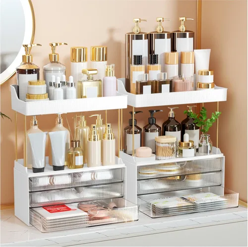 Miniatura 12 de StorBin Organizador de maquillaje de 3 cajones grandes, organizador de encimera de baño de 5 niveles y almacenamiento, organizador versátil de Ámbar