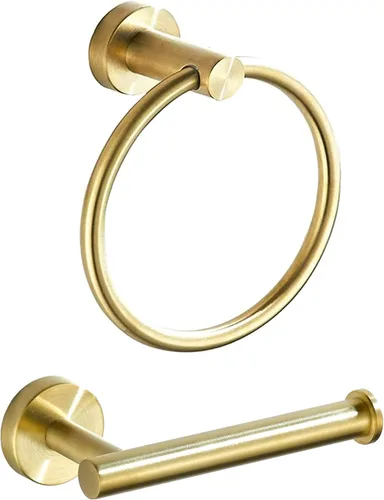 Miniatura 8 de BATHSIR Soporte de papel higiénico dorado cepillado y soporte para toallas de mano, 2 piezas, doble poste pivotante, redondo, moderno, accesorio