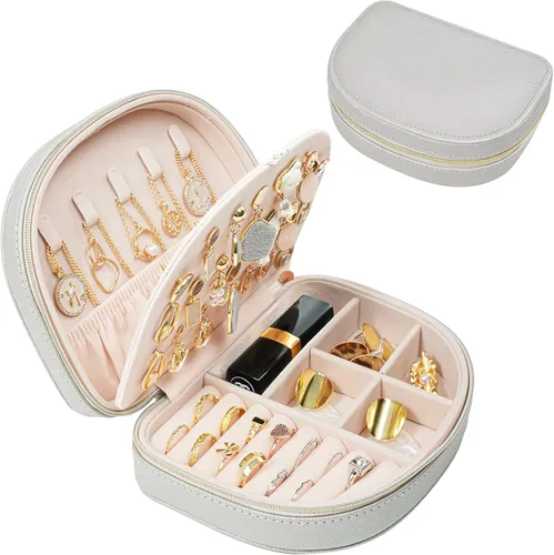 ProCase Joyero de tamaño de viaje, pequeño estuche de joyería portátil en forma de concha, mini organizador de joyas de 2 capas en piel sintética,