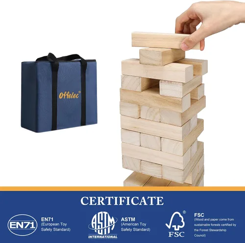 Miniatura 7 de Offelec Juegos de Bloques de Torre Tambaleante, Juego de Apilamiento de Bloques de Madera Grandes para Niños Adultos Familia, Juegos de Mesa
