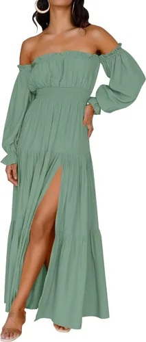 Miniatura 88 de ZESICA - Vestido largo, bohemio y sexy, con hombros descubiertos y manga larga fruncida, con elástico fruncido, cintura alta y abertura lateral