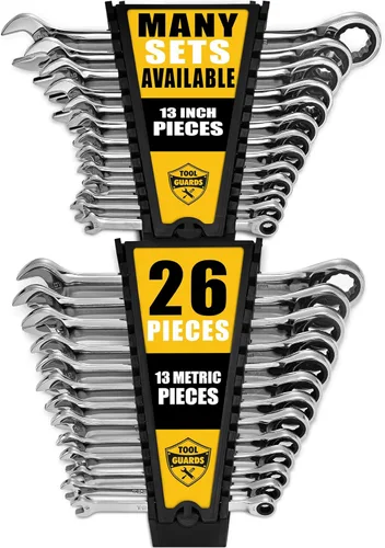 Juego de llaves de trinquete de 26 piezas, métricas y estándar, con organizador de estantes, llaves inglesas, juego de llaves de trinquete