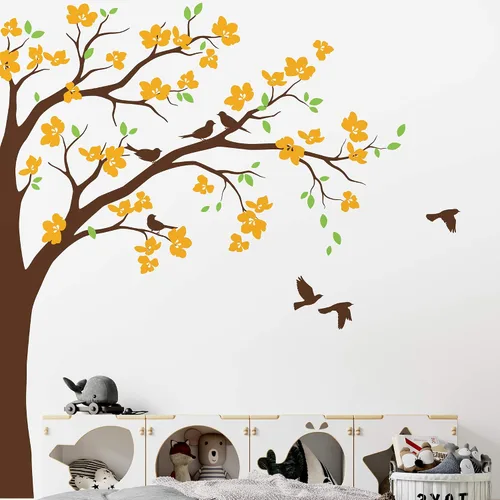Miniatura 7 de Adhesivo decorativo para pared de árbol de esquina grande con flores grandes, pájaros y hojas para cuarto de bebé, mural 087
