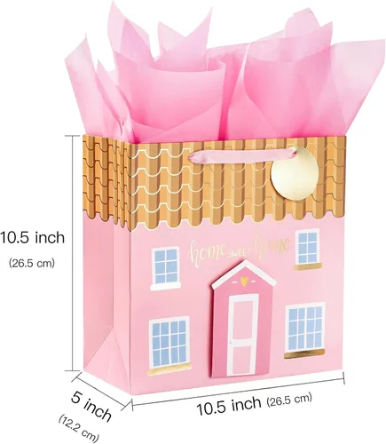 Miniatura 2 de LeZakaa Bolsa de regalo rosa de 10.4 pulgadas con papel de seda, etiqueta de regalo y tarjeta, Home Sweet Home con Paster 3D para inauguración