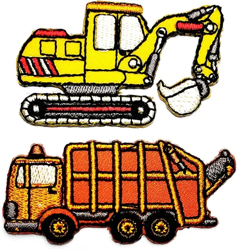 Umama Juego de 2 mini parches para manualidades, camiones de basura, retroexcavadora amarilla, excavadora, parche de dibujos animados, bordado para