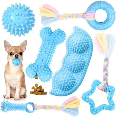 Petcare Paquete de 6 juguetes para masticar para cachorros - Cuerda de goma azul suave y hueso redondo para dentición para perros pequeños y