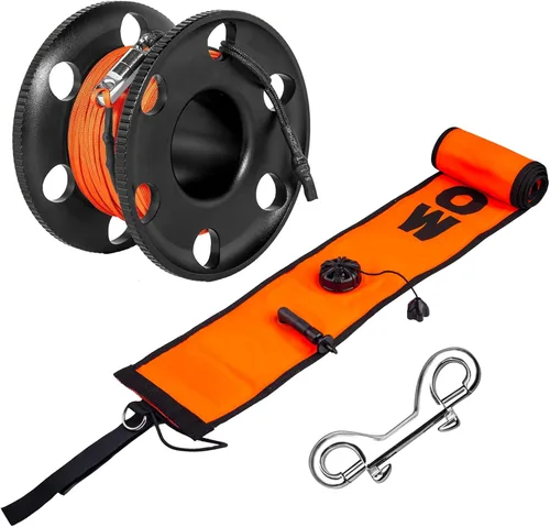 Boya de marcador de superficie de buceo de 5 pies/6 pies (SMB), salchicha de seguridad de tubo de señal con carrete de aluminio de 100 pies y clip