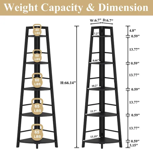 Miniatura 2 de BON AUGURE Estantería Esquinera de Escalera, Librero Esquinero de Madera y Metal Negro de 5 Niveles, Unidad de Estantería Estrecha y Alta