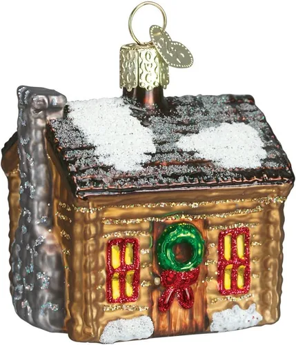 Old World Christmas Adorno de cristal soplado de cabaña de troncos para árbol de Navidad, decoración navideña hecha a mano, colección cabaña