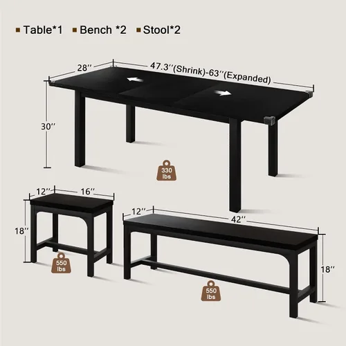 Miniatura 2 de Einhomn Juego de Mesa de Comedor de 5 Piezas para 4-6, Mesa de Cocina Extensible de 63" con 2 Bancos y 2 Taburetes, Estructura de Metal y Tablero