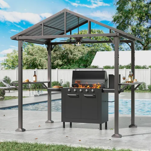 Kullavik Gazebo de parrilla de techo rígido de 8 x 5 pies, gazebo para barbacoa al aire libre con techo de acero galvanizado y gancho de techo,