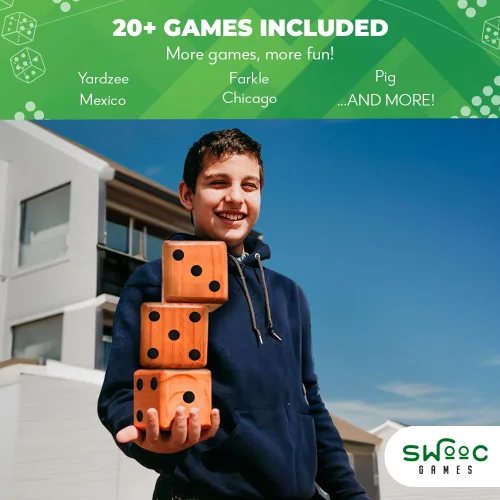 Miniatura 6 de SWOOC Yardzee, Farkle y más de 20 juegos – Juego de dados ligeros para patio (todo tipo de clima) con cubo plegable, 5 tarjetas de puntuación