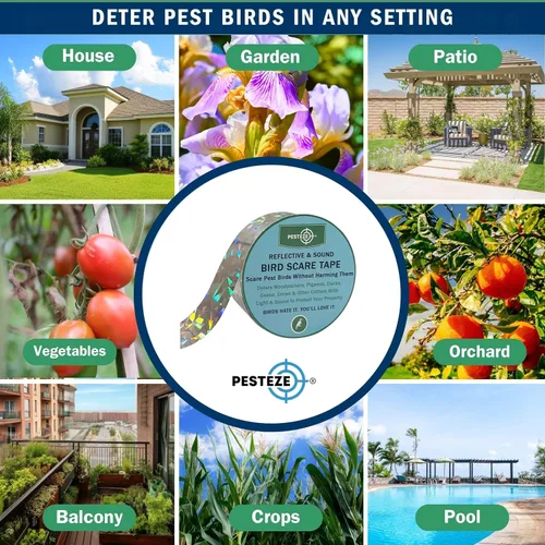 Miniatura 3 de PESTEZE Cinta holográfica reflectante y sonora de doble cara para asustar pájaros [2 pulgadas x 360 pies] Uso en patios y granjas para proteger