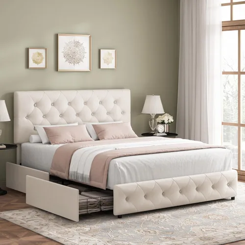 Keyluv - Base de cama tapizada moderna con 4 cajones, diseño de cabecera con botones, soporte de listones de madera maciza, fácil montaje, tela,