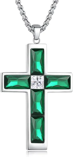 Miniatura 16 de Collar de cruz con piedra de nacimiento para hombre, collar de cruz de acero inoxidable 316L con colgante de cruz de circonia cúbica para mujer