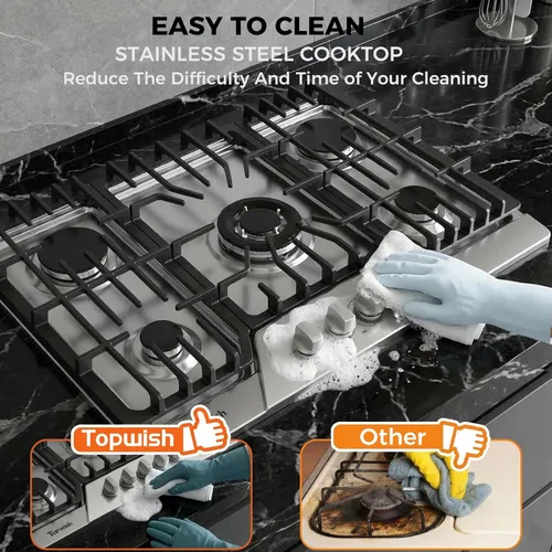 Miniatura 5 de Cocina de gas de 30 pulgadas, estufa de gas TOPWISH con 5 quemadores SABAF de alta eficiencia, 41400 BTU, NG/GLP convertible, estufa de propano