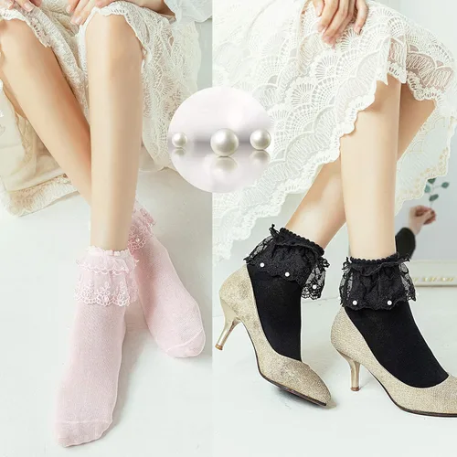 Miniatura 4 de SRYL Women Ruffle Pearls Ankle Socks Lace Frilly Socks, Cute Cotton Socks Ladies Girl Princess Lace Socks